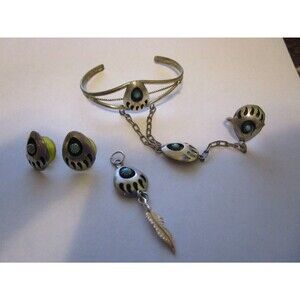 Turquoise Bear Paw Shadowbox Sterling Slave Child Bracelet, Earrings & Pendant